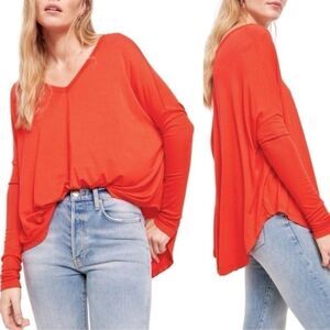 Free People Shirt Womens LARGE Moonshine Red Long Sleeve Tunic Oversized Soft